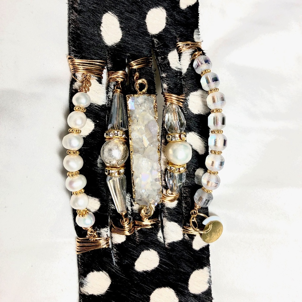 Layered leather Cuff Druzy & Pearls New